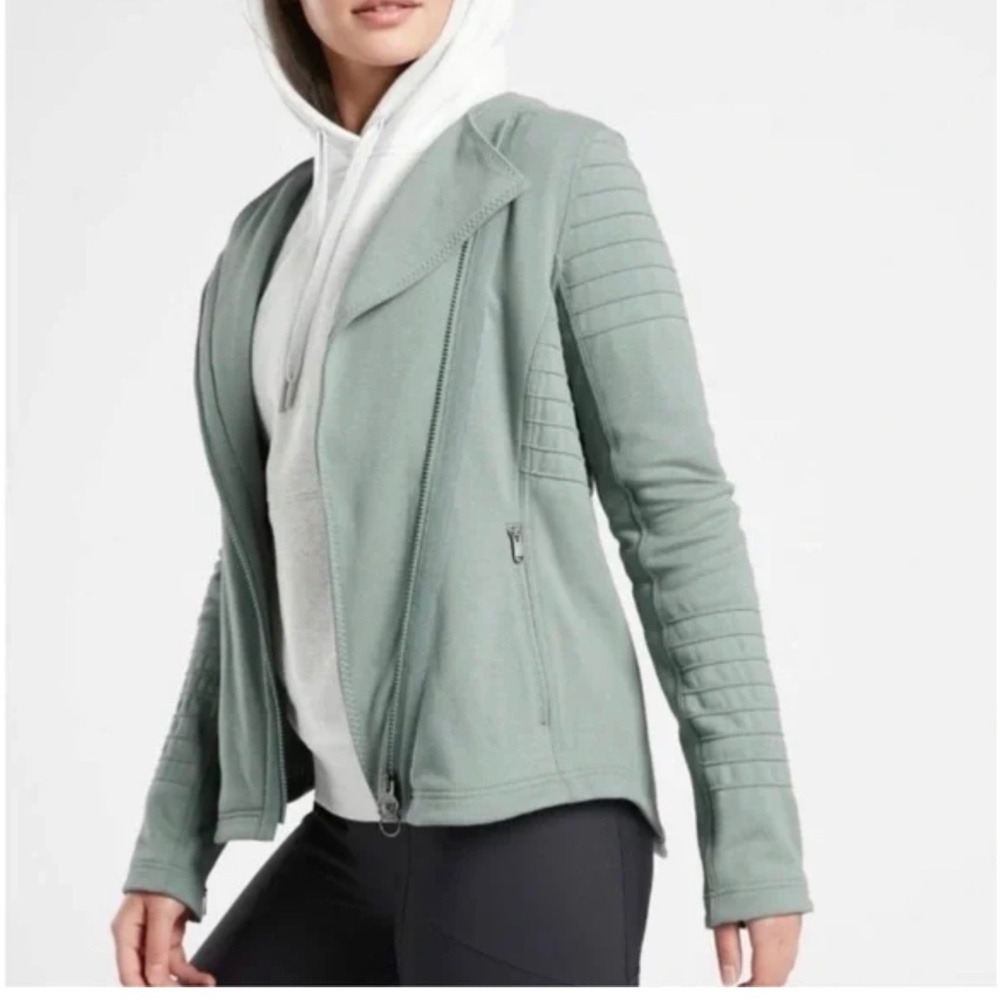 Athleta moto jacket zip up asymmetrical top seafoam green size medium tall